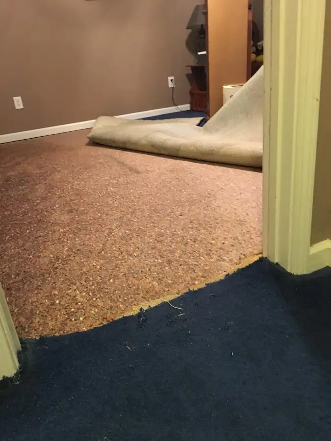 Carpet pad removal revealing water damage during Drying & Dehumidification in Rosemead